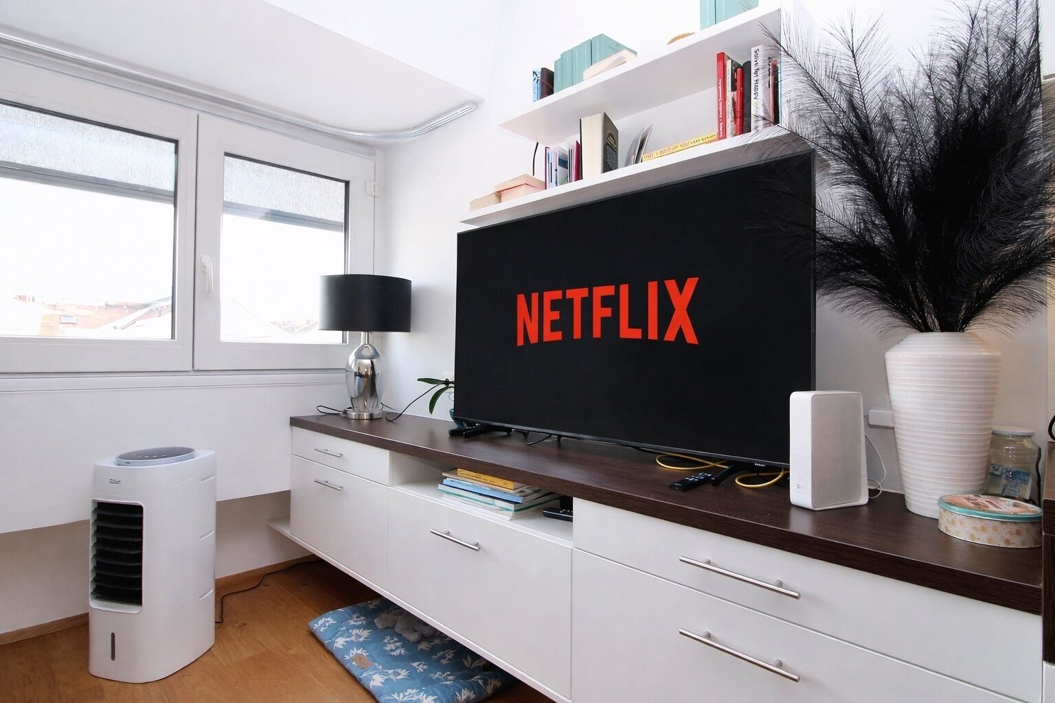 A modern living room with a large flat-screen TV displaying "NETFLIX" on the screen, a white air purifier, a lamp, and a bookshelf with various items.