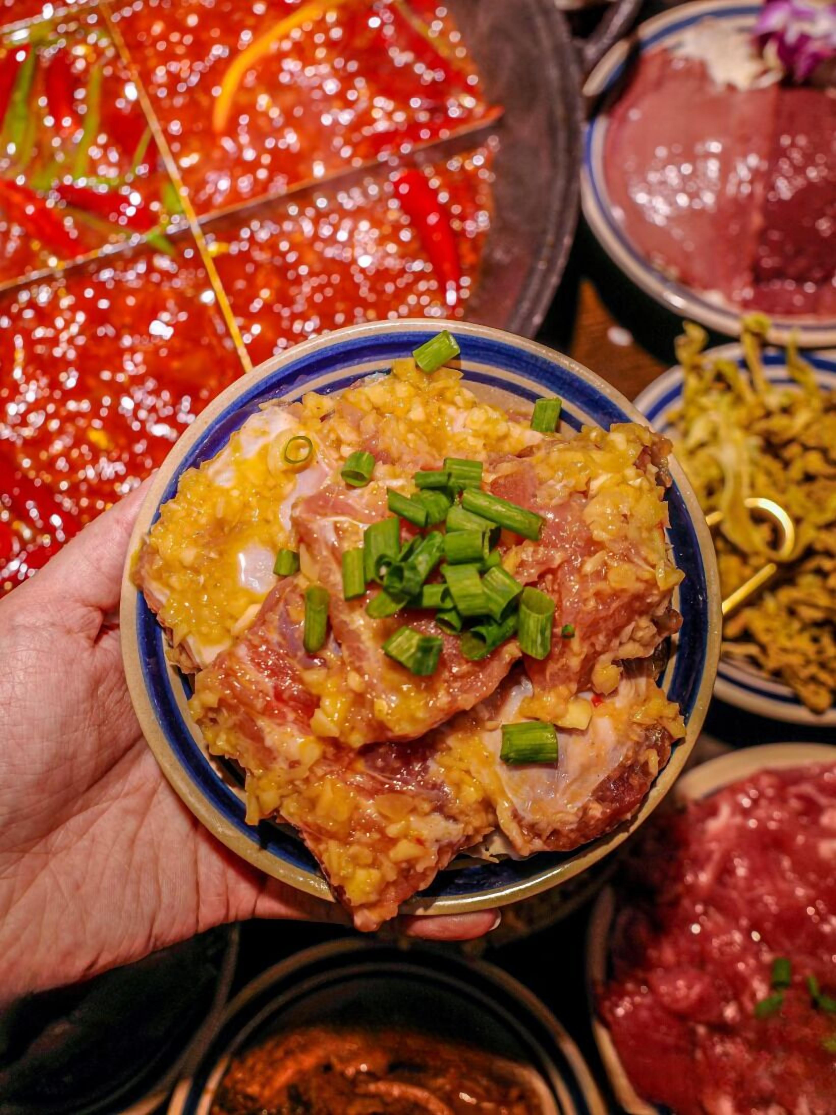 A bowl of food with green onions, held by a hand.