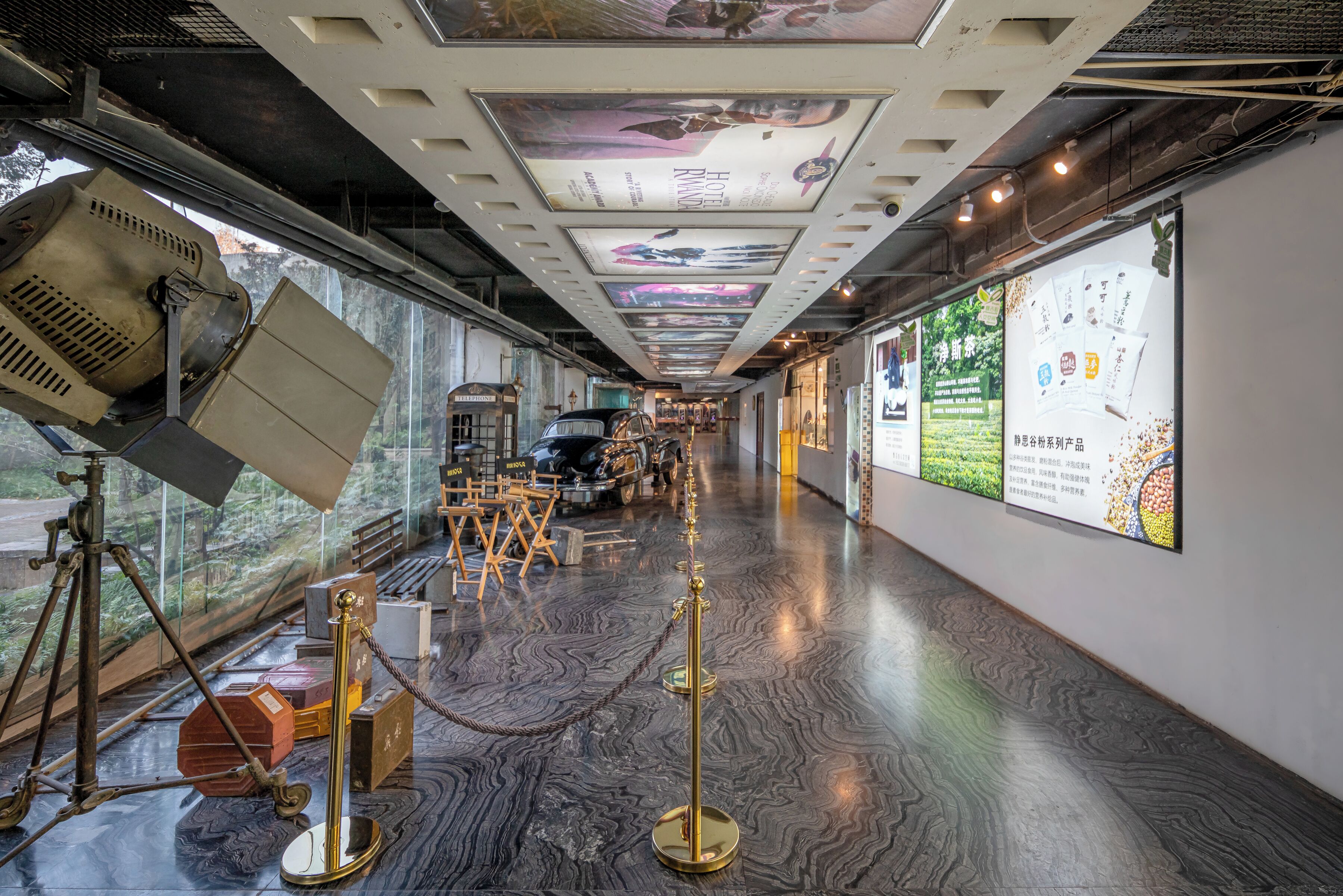 A museum corridor with exhibits, a camera on a tripod, and informational posters on the walls.