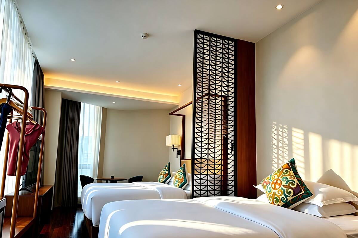 A hotel room with two beds, a wardrobe, a desk, a chair, a lamp, and a decorative screen.