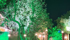 A pathway lined with trees and illuminated by street lamps, leading to a building with a brick facade. - Hotel Hari Om Swimming Pool In Diu (Diu)