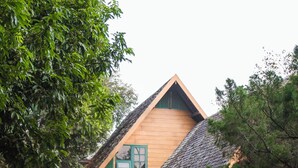 A person walking on a concrete path towards a wooden house with a sloped roof, surrounded by various potted plants and greenery. - Ban MaeBo Local Stay (Mae Rim)