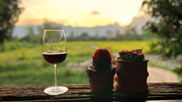 A glass of red wine on a wooden surface with two potted plants beside it, overlooking a rural landscape during sunset.