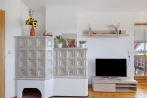 Een woonkamer met een open haard, een televisie en een houten vloer.