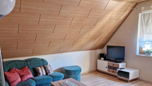 A loft-style room with a wooden ceiling, a sofa set, a coffee table, a TV, and a window with curtains. - Auenweg Apartment with Shared Pool, Garden, and Wi-Fi (Radebeul)
