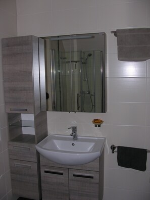 Shower, hair dryer, towels