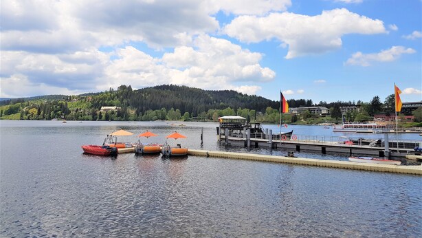 Un lac avec des bateaux amarrés à un quai, un drapeau et une colline parsemée d’arbres et de bâtiments en arrière-plan.