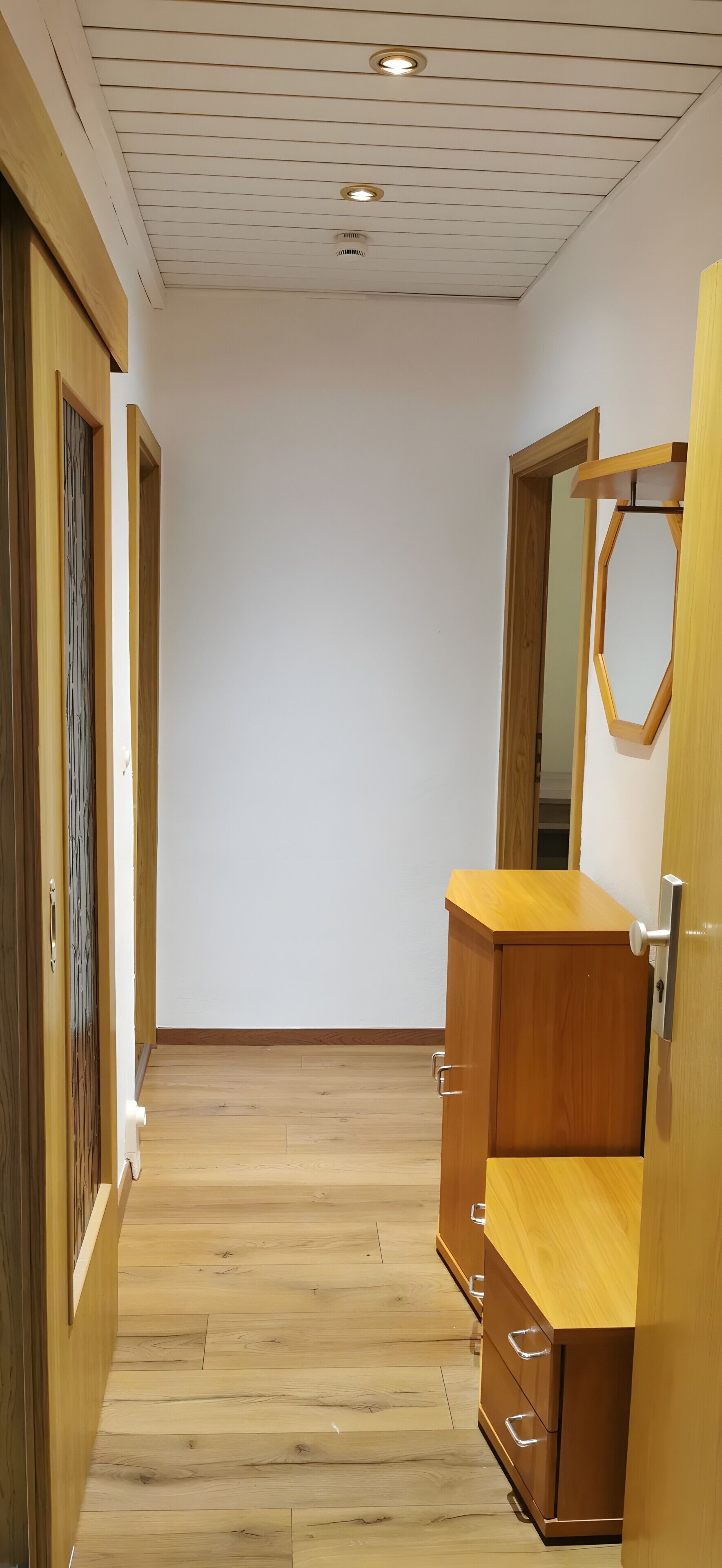 A hallway with wooden flooring, a wooden wardrobe with drawers, a mirror, and a door.