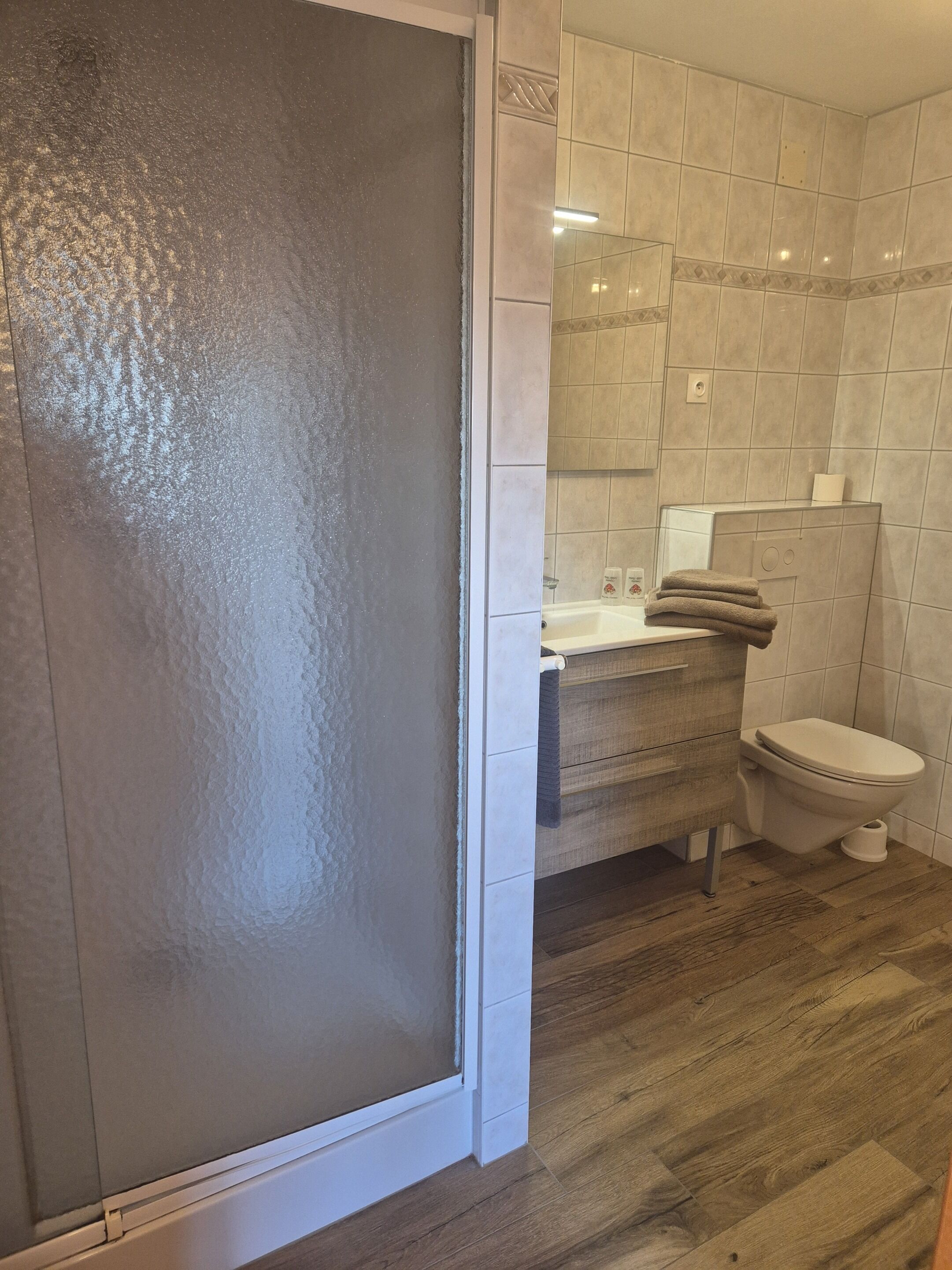 A bathroom with a shower, toilet, and sink.