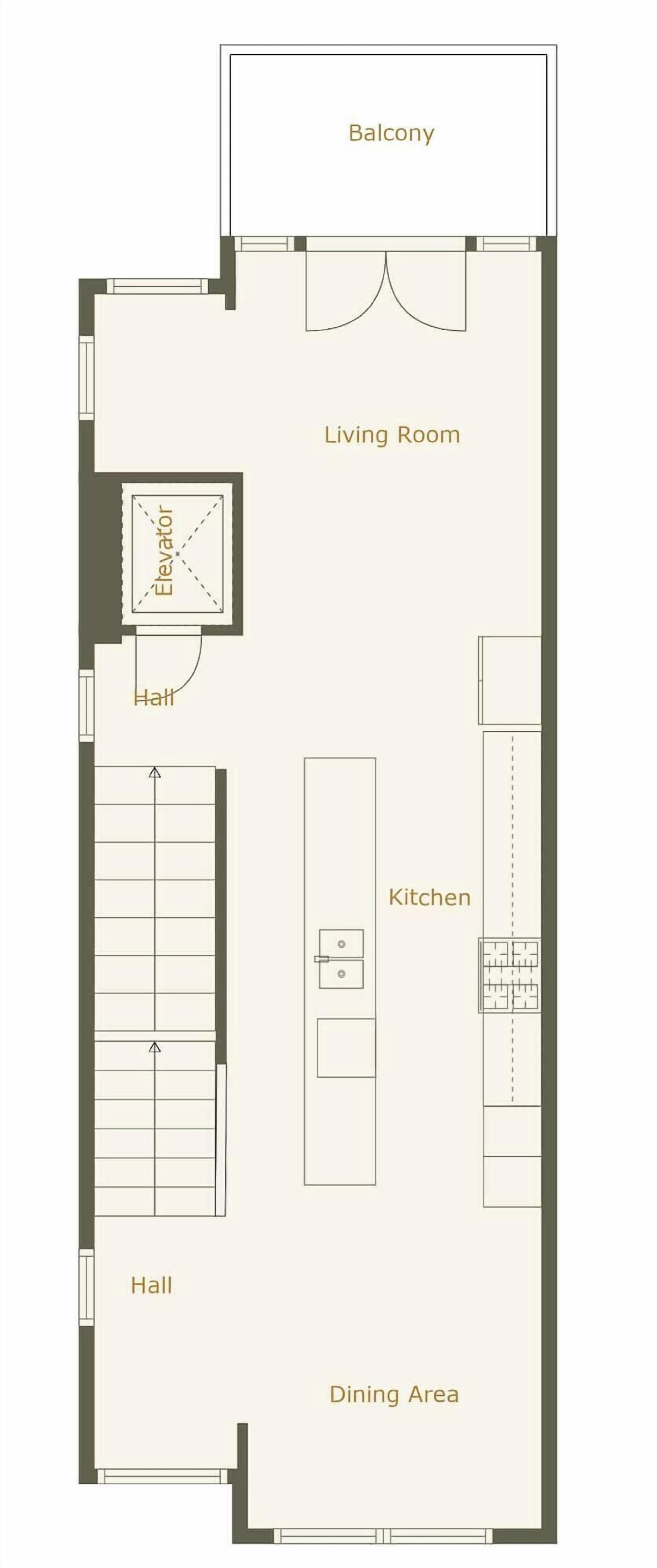A floor plan with a balcony, living room, kitchen, dining area, and hall.