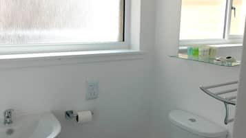 Shower, hair dryer, towels, shampoo