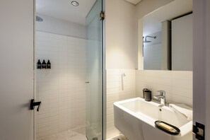 Shower, hair dryer, towels, shampoo