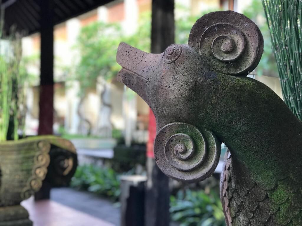 A stone frog statue with spiral patterns, set in a garden with a blurred background of greenery and a building.