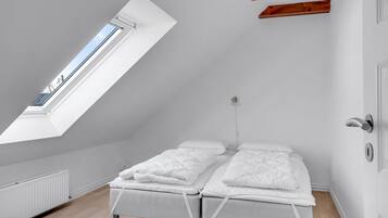Une petite chambre à coucher moderne avec un plafond en pente, un puits de lumière et deux lits simples.