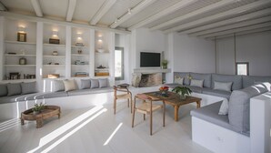 Een ruime zithoek met een ingebouwde open haard, een grote grijze bank, een houten salontafel en een boekenkast vol boeken en decoratieve objecten.