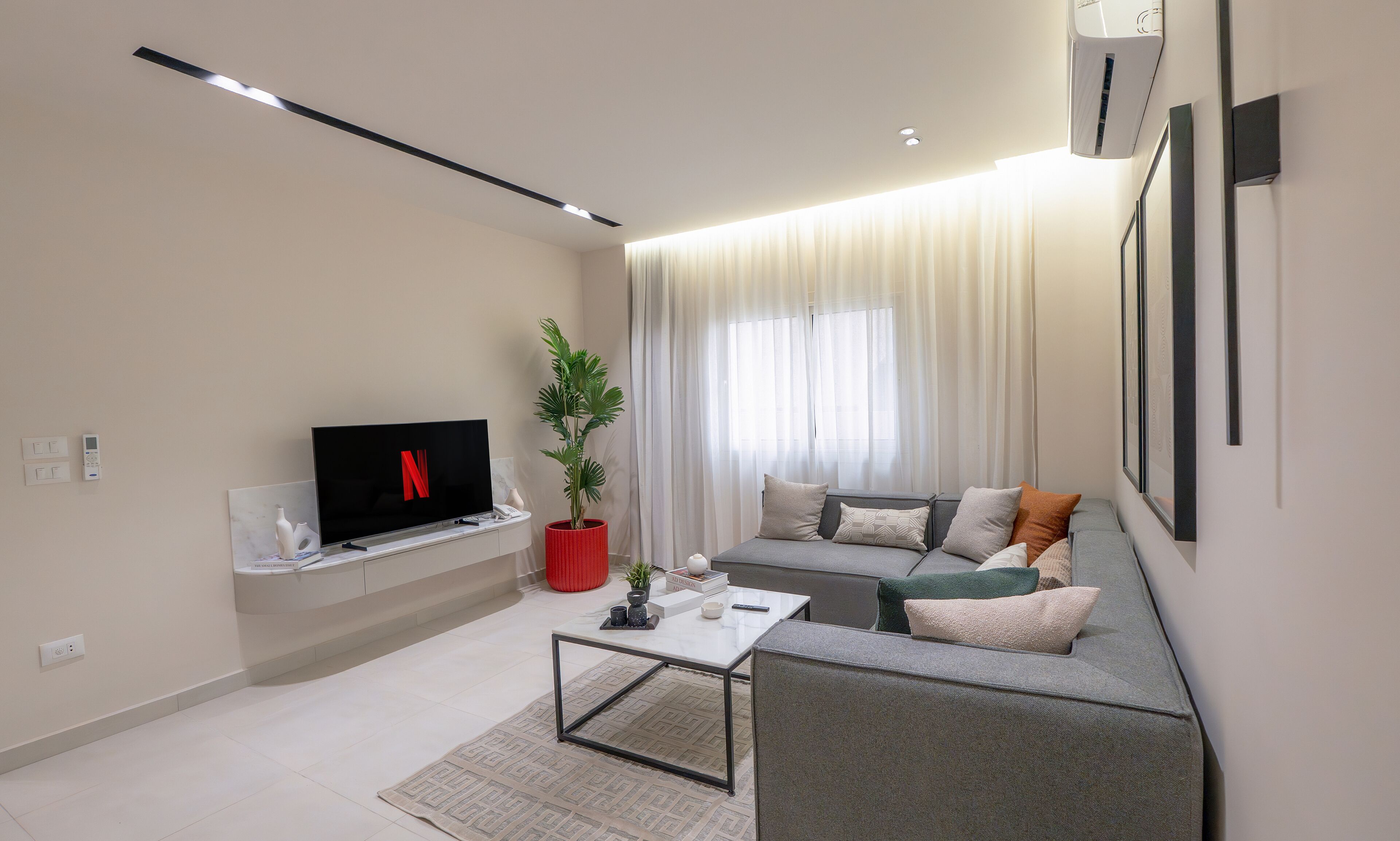 A modern living room with a flat-screen TV, a sofa, a coffee table, and a potted plant.