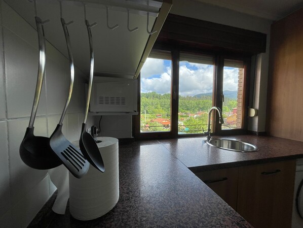 Kühlschrank, Mikrowelle, Herdplatte, Wasserkocher mit Kaffee-/Teezubehör