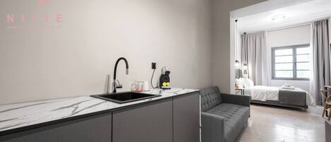 A modern kitchen with a built-in sink and a grey sofa in the living area.