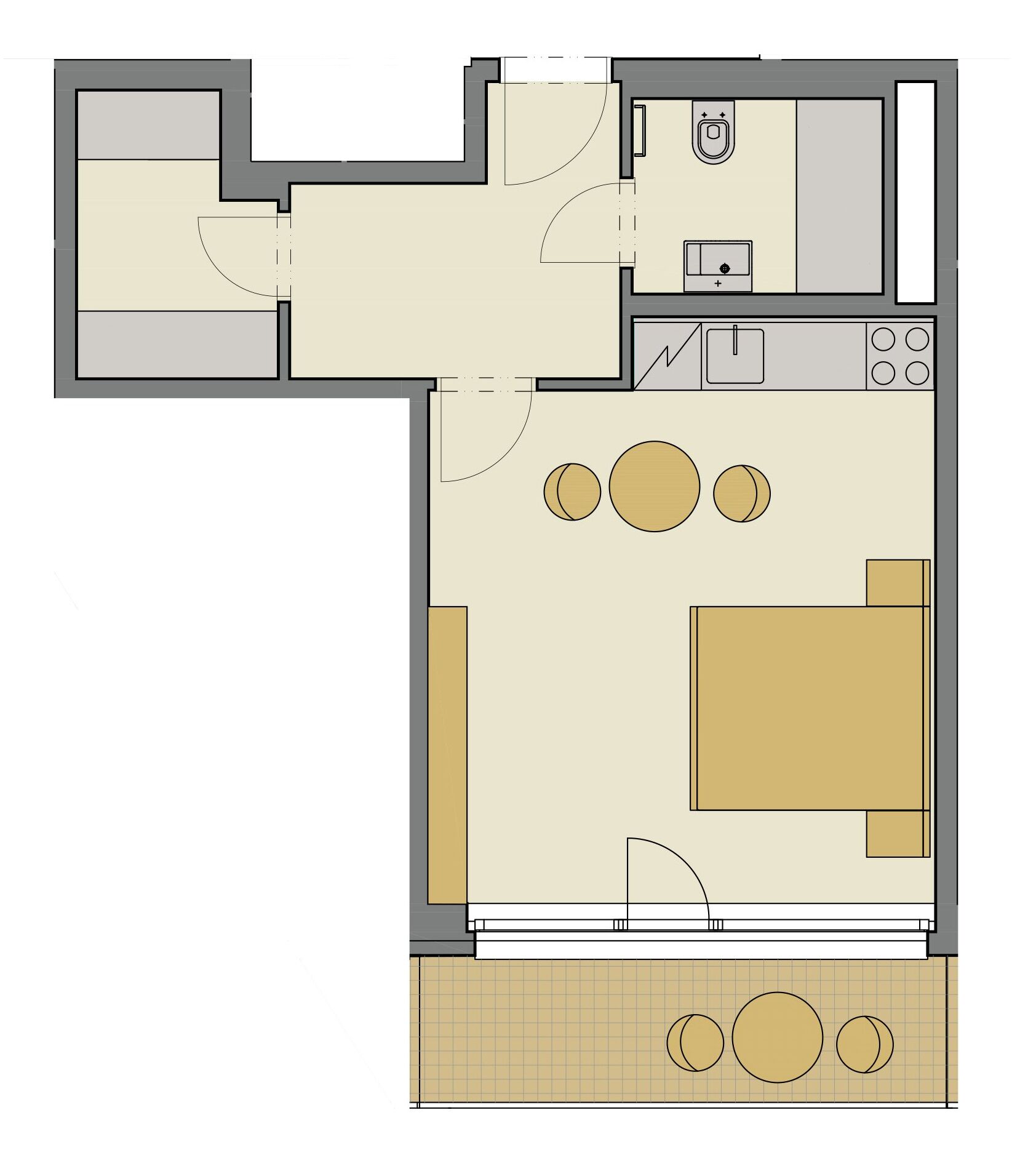 Plano de planta de una habitación de hotel con cama, baño pequeño, kitchenette y zona de estar.