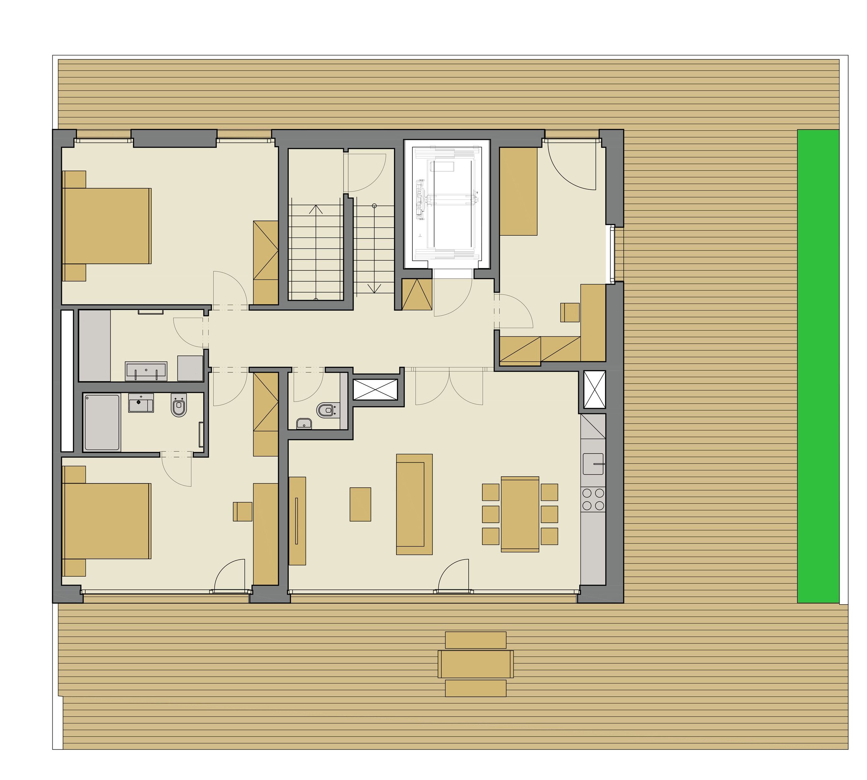 A floor plan of a hotel room with a bathroom, kitchenette, and a seating area.