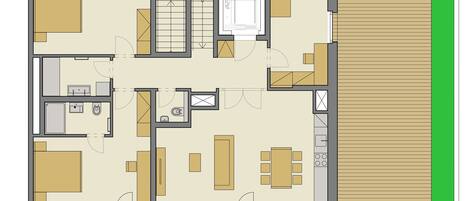 A floor plan of a hotel room with a bathroom, kitchenette, and a seating area.