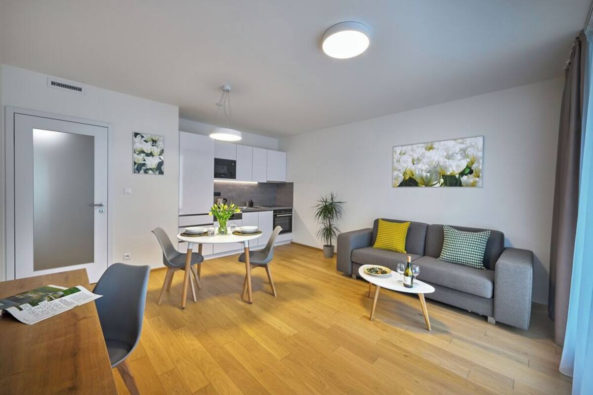 A modern apartment with a dining area, kitchen, and living room.