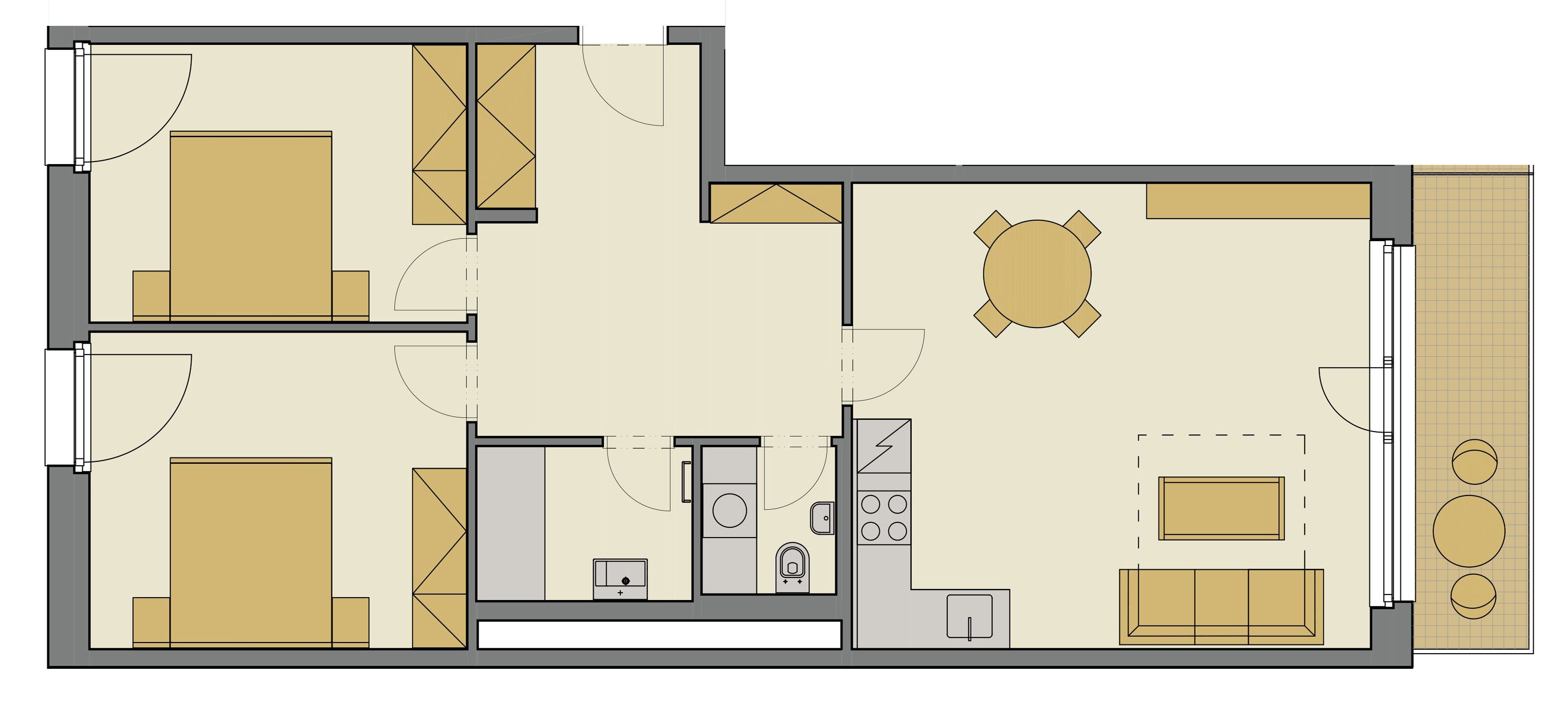 Plano de planta de una habitación de hotel que incluye una cama, baño, kitchenette y comedor.