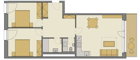 Plano de planta de una habitación de hotel que incluye una cama, baño, kitchenette y comedor.