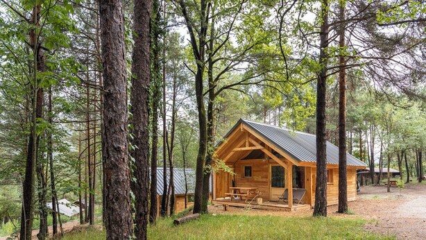 Una cabaña de madera en un bosque, con un porche y una mesa de picnic.