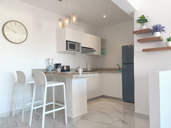 Fridge, microwave, stovetop, coffee/tea maker