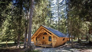 A wooden cabin with a sloped roof, surrounded by tall trees.