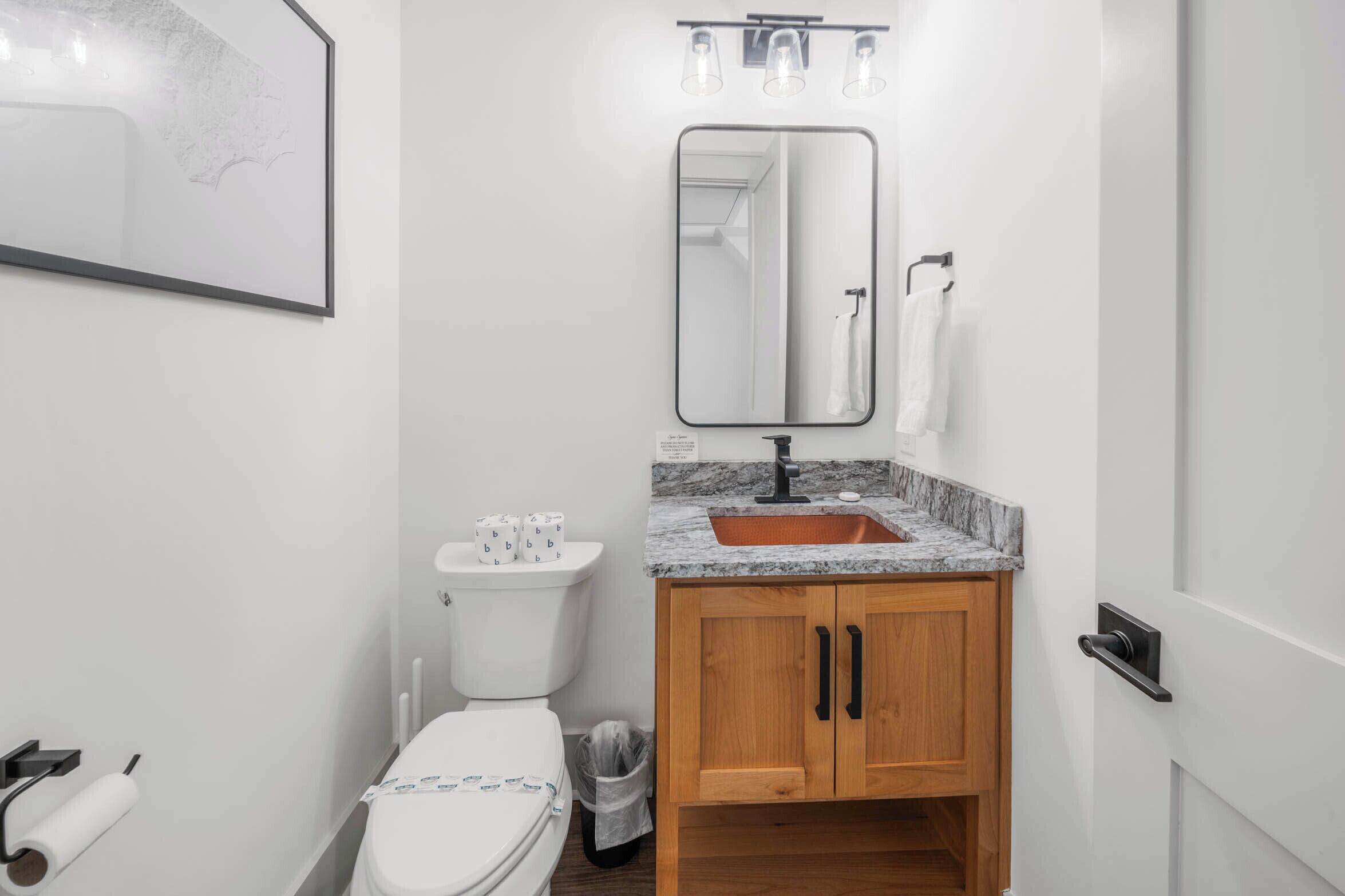 A modern bathroom with a white toilet, a sink with a marble countertop, and wooden cabinets.
