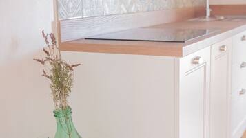 Kühlschrank, Herdplatte, Wasserkocher mit Kaffee-/Teezubehör