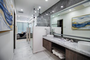Shower, hair dryer, towels