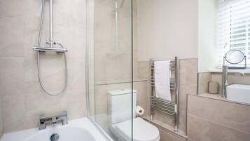 Shower, hair dryer, shampoo