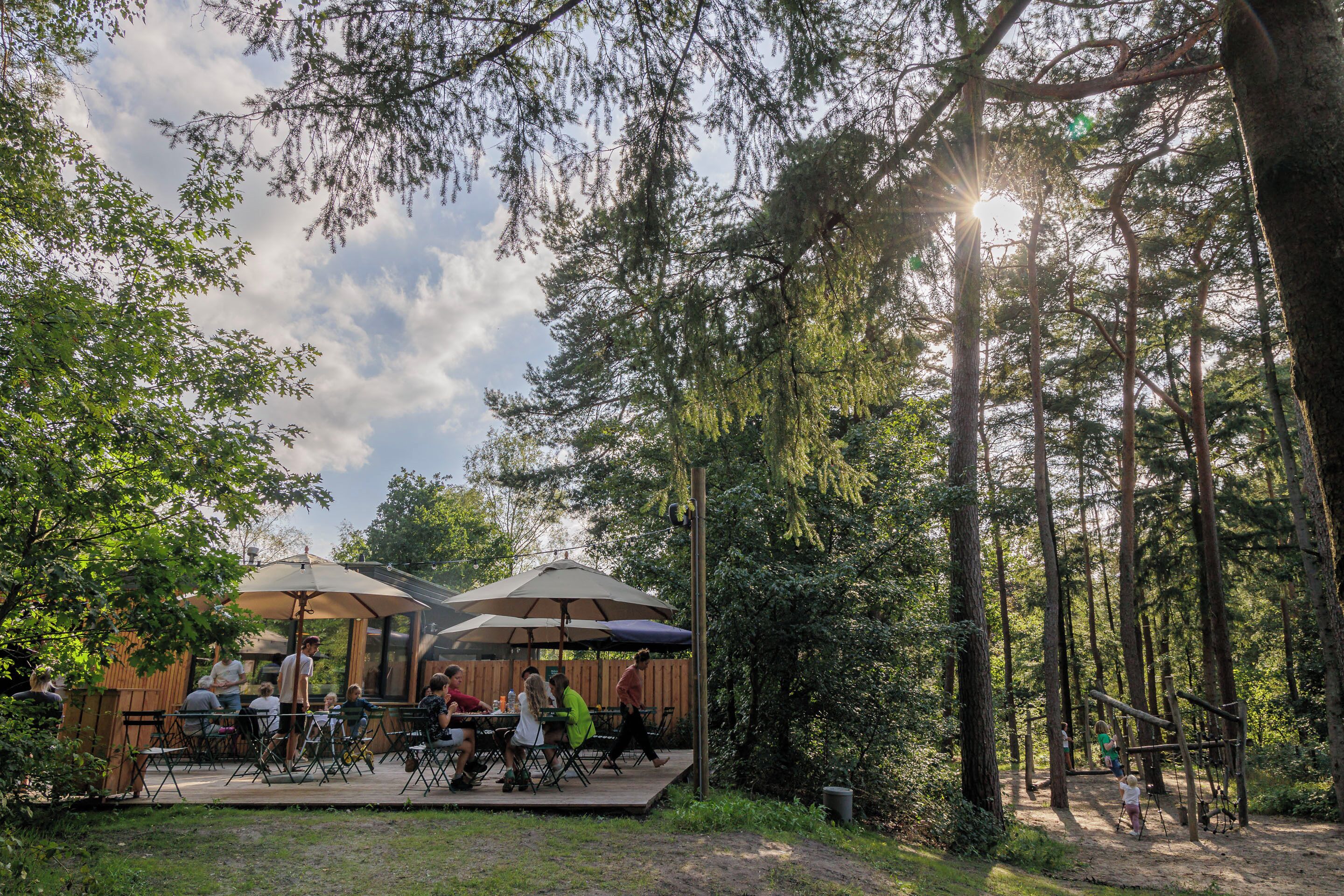 Un espace de restauration en plein air, avec des tables et des chaises placées sous des parasols, le tout entouré d’arbres.