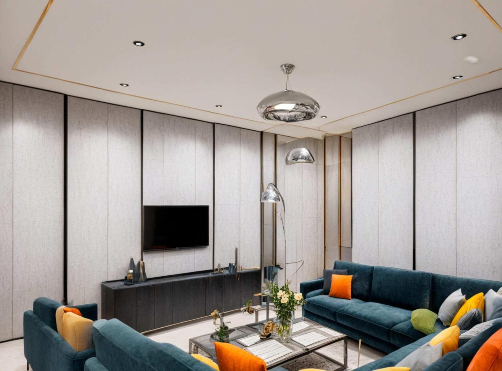 A modern living room with a flat-screen TV, a tall floor lamp, and a blue sofa with orange cushions.