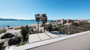 A coastal view with a clear sky, palm trees, and buildings in the background. - Villa Anton B&B (Sukošan)