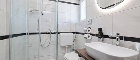 A modern bathroom with a glass-enclosed shower, a white toilet, and a large vessel sink.