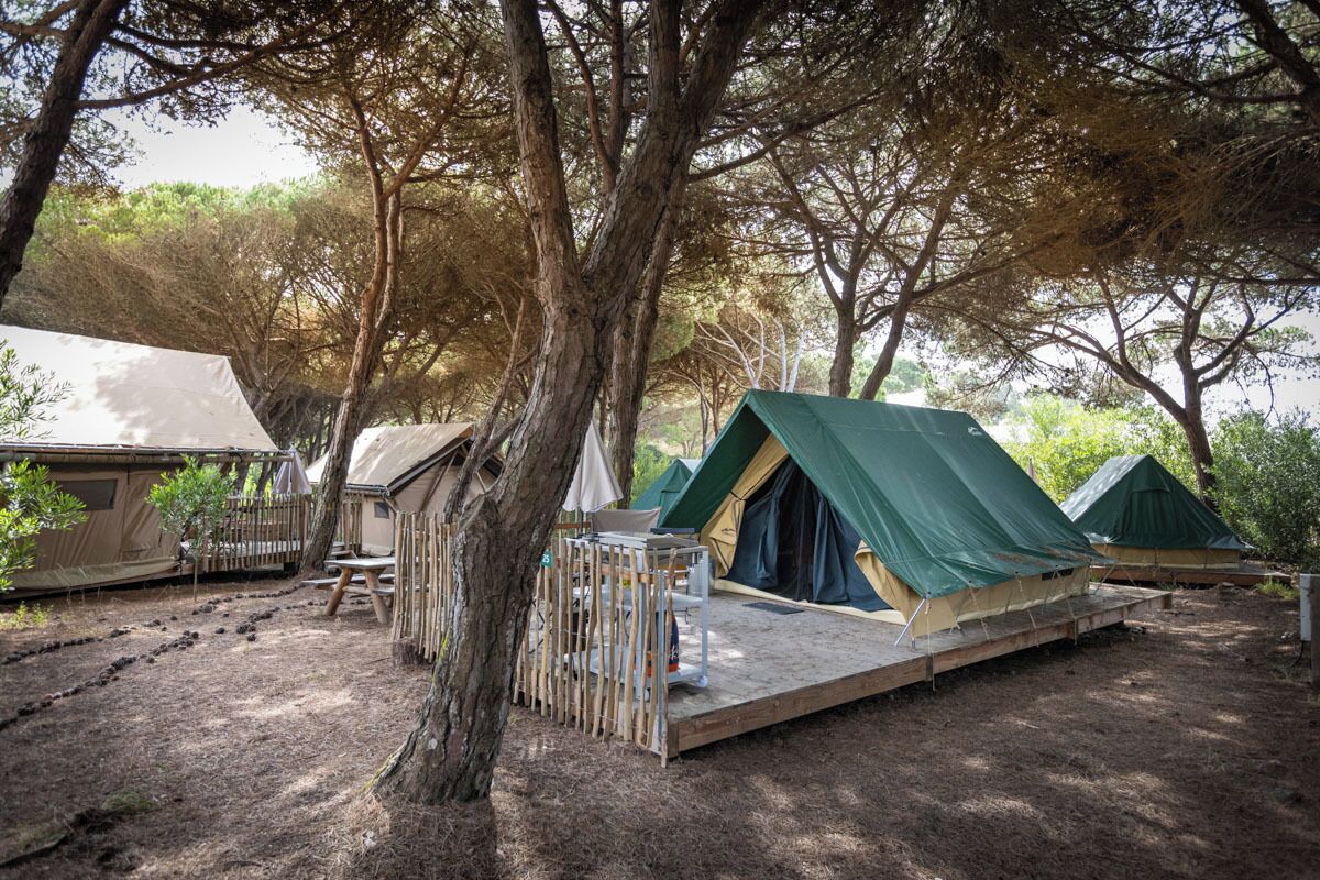 A campsite with several tents, a wooden deck, and a small table with chairs.