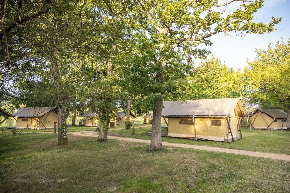 Um camping com várias tendas e cabanas, cercado por árvores e áreas gramadas.