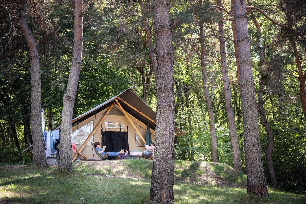 A small, single-story tent with a pitched roof, surrounded by trees in a forested area.