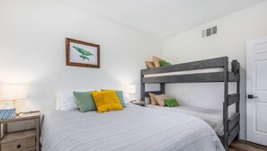 2 bedrooms, desk, iron/ironing board, travel cot