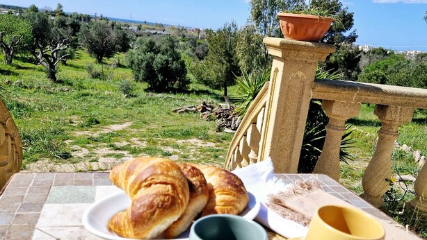 A table with croissants, a cup, and a yellow mug on a woven mat, overlooking a lush green landscape with trees and a clear sky.