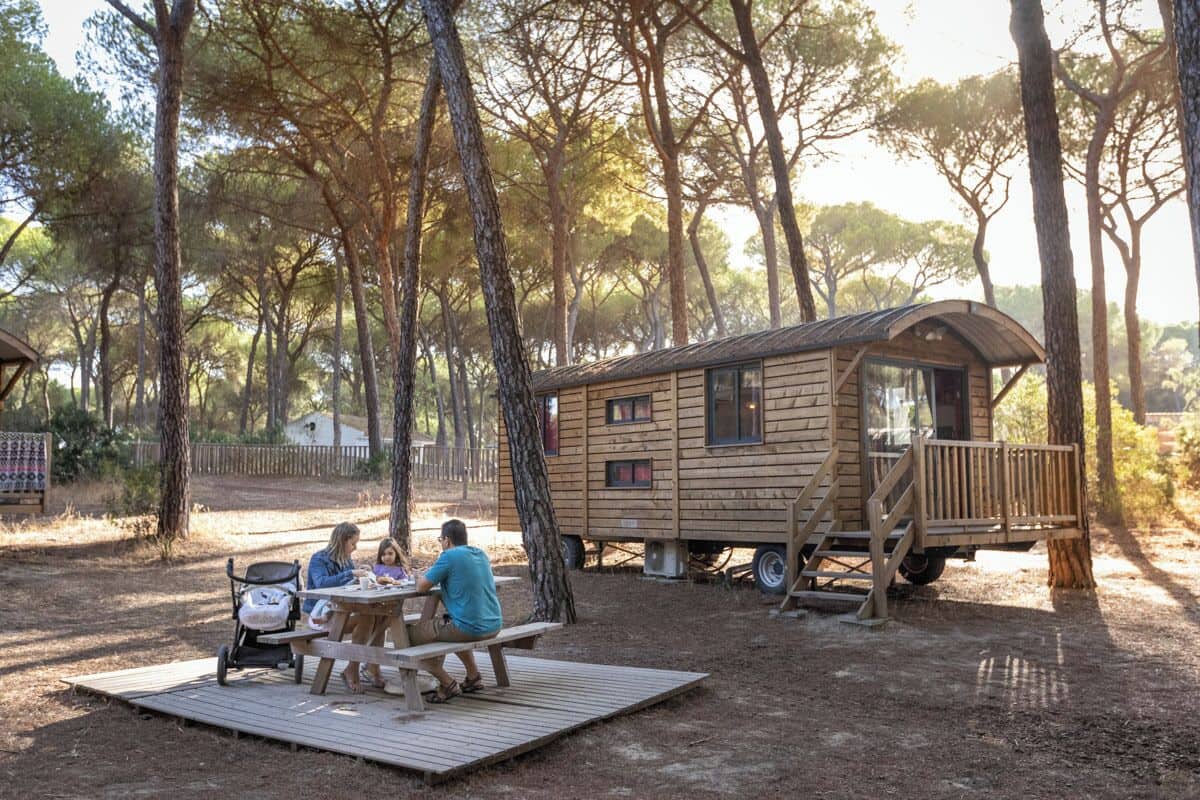 Une cabane en bois avec une terrasse et une table de pique-nique, située dans une zone boisée.
