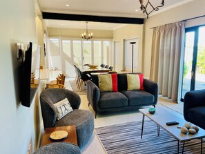 Smart TV, fireplace, books