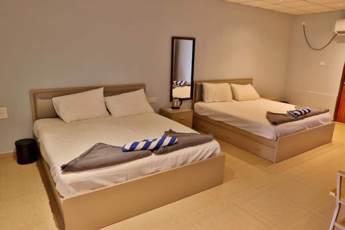 Two single beds with wooden headboards, a bedside table with a lamp, and a mirror on the wall.