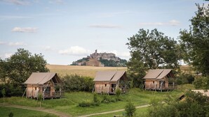 Drie landelijke hutten met metalen daken, omgeven door weelderige begroeiing en een heuvel in de verte met een kasteelachtige constructie.