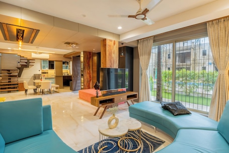 Family Room, Balcony, City View | Living room. Alaya Stays - Imperial Mystara 5BHK near Khandala Hills