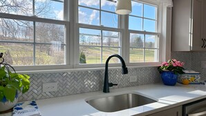 A kitchen with a large window, a sink, and a potted plant. - The Majestic View / Luxury Stay Gulf Course Views / 4-Bedroom House (Bloomfield)
